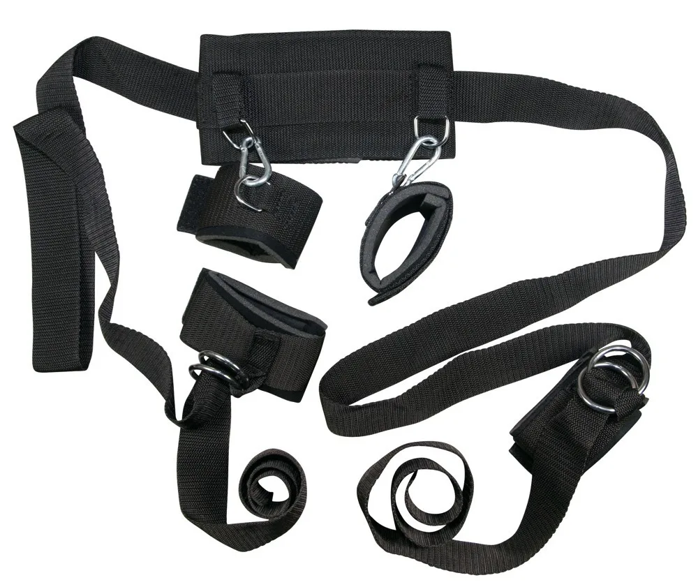 Bad Kitty zwarte bondageset met brede halsboei, lange riemen en hand- en enkelboeien