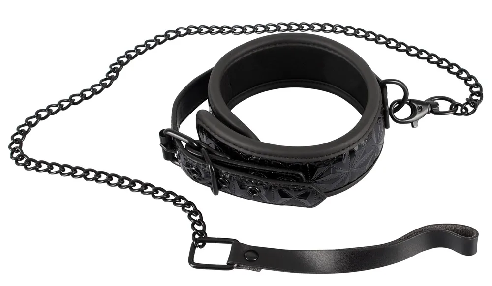 Bad Kitty zwarte gevoerde halsband met ruitreliëf en matzwarte kettingriem