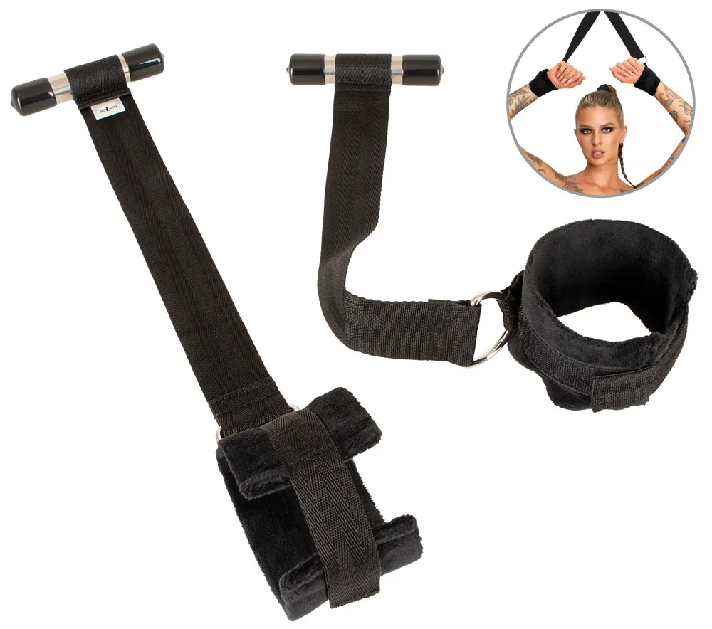 Bad Kitty zwarte deurboeien set met twee gevoerde handboeien en metalen stoppers