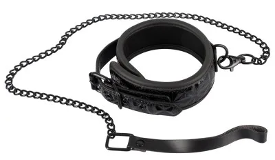 Bad Kitty zwarte gevoerde halsband met ruitreliëf en matzwarte kettingriem
