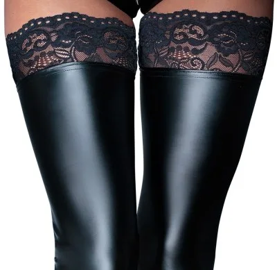 Noir wetlook overknee kousen zwart, detail