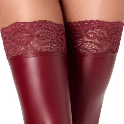 Noir wetlook kousen bordeaux, detail