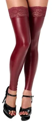 Noir bordeauxrode wetlook overknee kousen zonder voet met kanten rand, gedragen door model