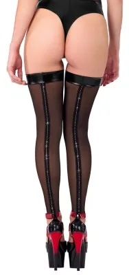 Noir zwarte transparante overknee kousen met glitternaad en wetlook rand, gedragen door model