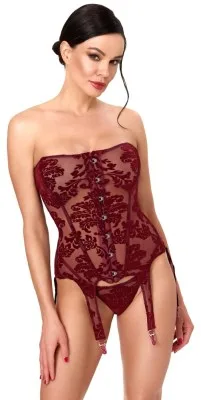 Noir bordeauxrood strapless korsethemd met powernet, flockprint en jarretels, gedragen door model