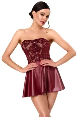 Noir bordeauxrode strapless korsetjurk met powernet en uitlopende wetlook rok, gedragen door model
