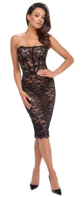 Noir Libido zwarte strapless kokerjurk van bloemenkant met veters op de rug, gedragen door model