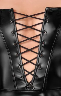 Noir wetlook minijurk met voorveters, detail