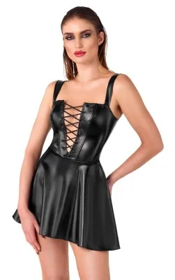 Noir wetlook minijurk met voorveters, tweede aanzicht
