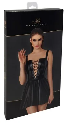 Noir wetlook minijurk met voorveters, in de verpakking