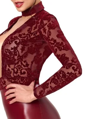 Noir bordeaux minijurk met choker, detail