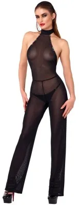 Noir zwarte transparante glitter jumpsuit met halternek en open rug, gedragen door model