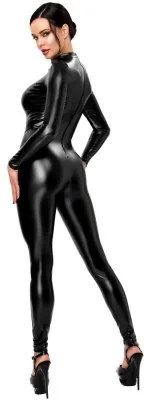Noir wetlook jumpsuit met sierveters, achterkant